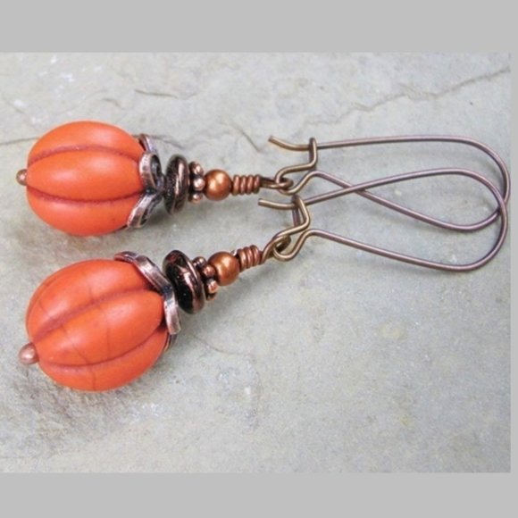 Rustic Orange Pumpkin Earrings Copper And Gemstone Autumn Fall Thanksgiving - Picture 4 of 8